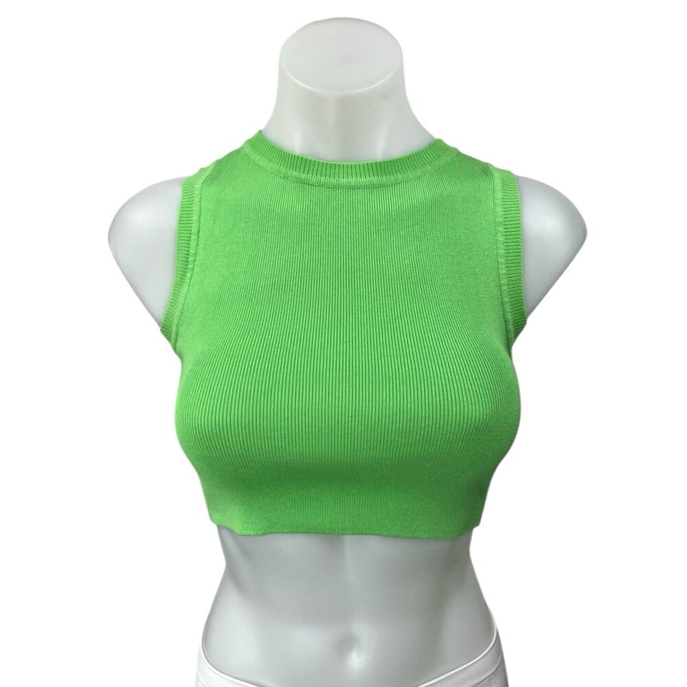 Zara Women's Green Rib Knit Sleeveless Stretch Pullover Crop Tank Top Size S